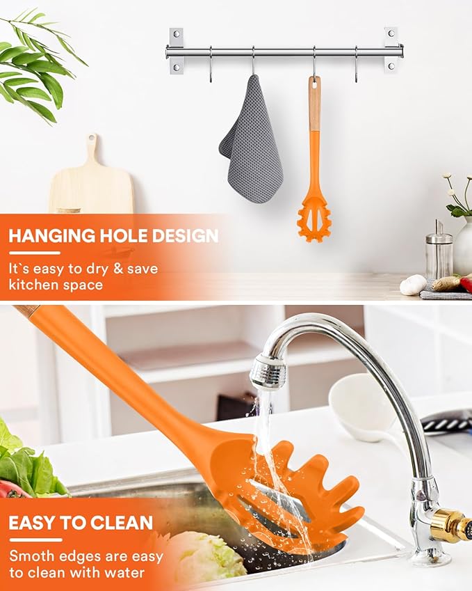 Silicone Pasta Fork, Kitchen Heat Resistant Noodle Spoon Server, BPA Free Spaghetti Strainer,12.8 inch (ORANGE)