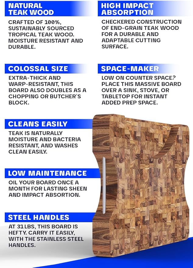 Dalstrong Massive XL Cutting Board - Lionswood End-Grain Teak - 25" x 18"-Steel Carrying Handles -Serving Board - Large Cutting Boards For Kitchen- eat Cutting Board-Two Sizes