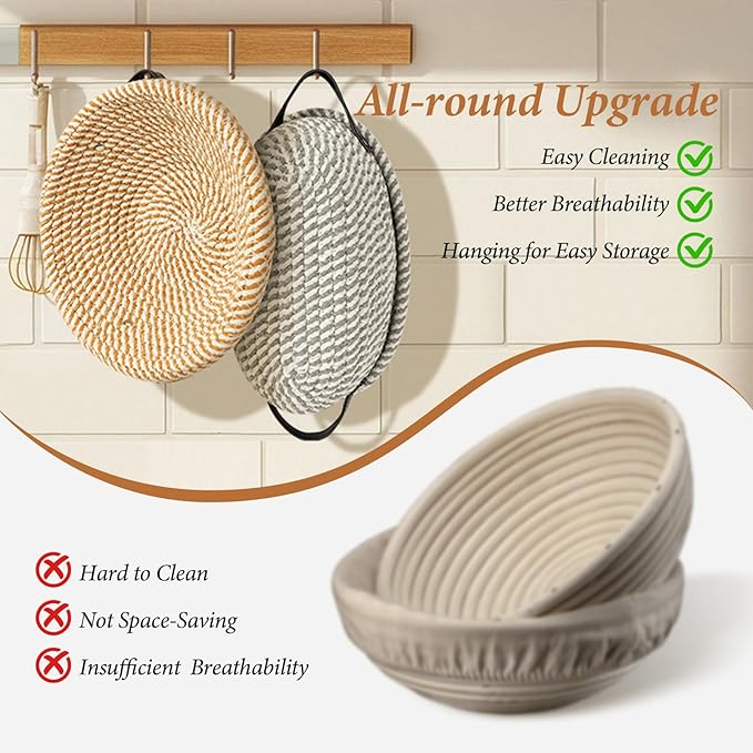 Handmade Cotton Rope Banneton Bread Proofing Basket Set, 50oz Sourdough Starter Jar - Oval & Round Bread Baskets, Sourdough Starter Kit, Bread Making Tools Kit, Black