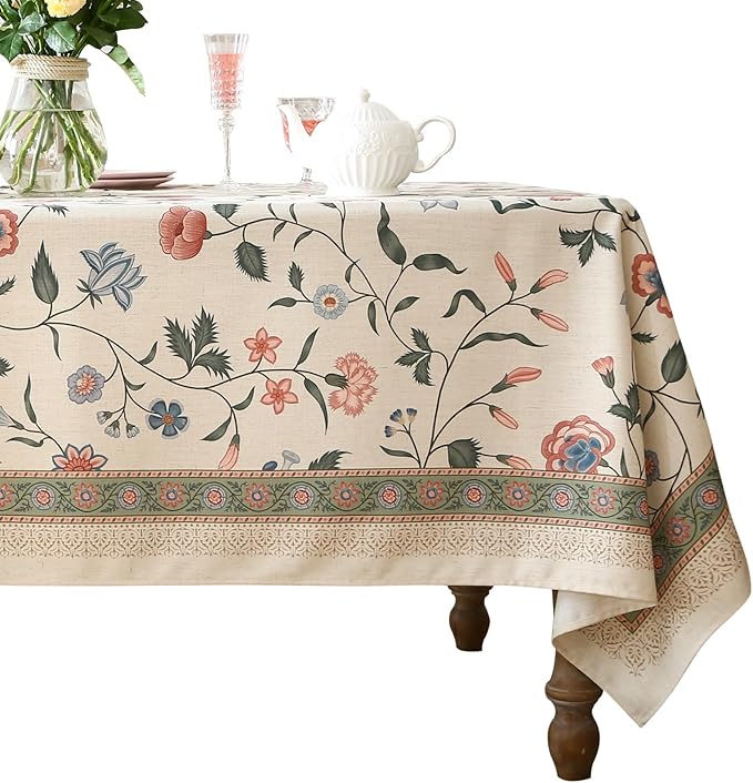 French Tablecloth for Rectangle Tables,Linen Table Cloth with Pink Flowers and Leavs Pattern,Heavy Durable Table Cover for Dining Thanksgiving Kitchen Decor Party Christmas,55"*71"