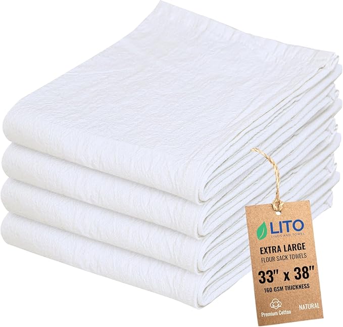 Flour Sack Towels | Tea Towel for Crafts| Kitchen Dish Cotton Blank Towel for Embroidery| Baking Bread Proofing Linen Cover| Thick Absorbent Quick Dry| 4 Pack 33"x38" Natural