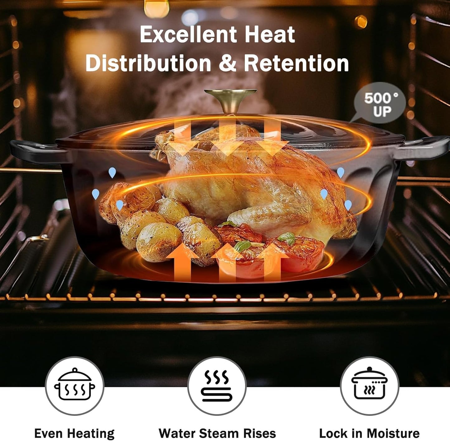 Enameled Oval Dutch Oven Pot with Lid, 7 QT Cast Iron Dutch Oven with Dual Handles for Cooking, Bread Baking, Frying, Non-stick Enamel Coated Oven (Black)