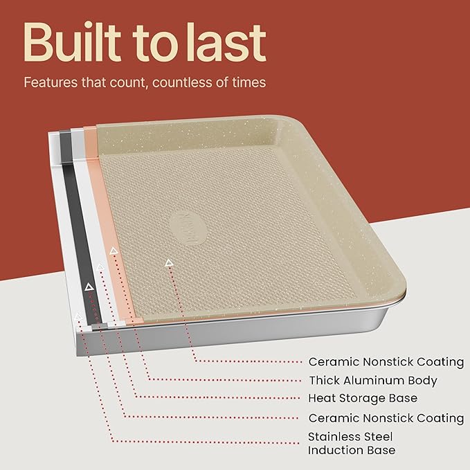 Diamond Bottom Cookie Sheet Set of 2, Nonstick White Marble Carbon Steel Baking Pans for Crisp Baking, Space-Saving Stackable Trays, PFOA, PFOS, PTFE Free, Oven Safe Up to 450°F, Small & Medium Pans