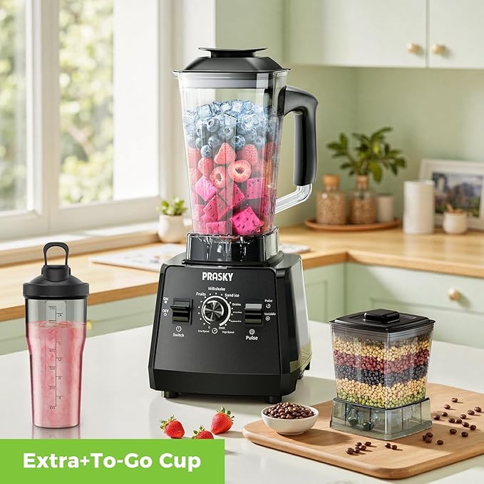 Professional Blender,Smoothies Blenders, PRASKY Max.2400Watts/1000Watts Blender and Grinder Combo 25000RPM Powerful Kitchen 68oz BPA Free 2 Containers Countertop Blenders Ice Crushing