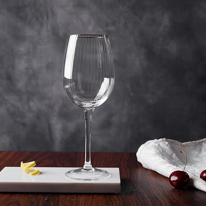 Premium Cheerfull Wine Glasses, 14.2 oz Hand-Blown Glasses with Gold Rim, Fluted Design, Elegant Gift Packaging, Perfect for Special Occasions (4)