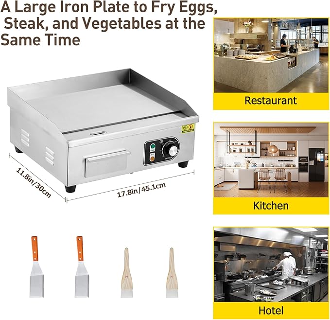 18 Inch Electric Griddle, 1600W Electric Countertop Griddle, Non-Stick Restaurant 110V Teppanyaki Flat Top Grill Stainless Steel Adjustable Temperature Control 122°F-572°F (with PLUG)