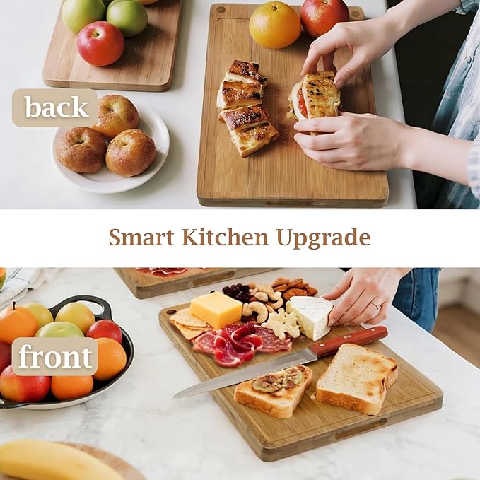 ICEDOG-3-Piece Bamboo Cutting Board Set - Reversible with Juice Groove, Non-Slip Pads - for Meat, Vegetables, Cheese - Pre-Oiled Natural Wood - Kitchen Gift (Brown)