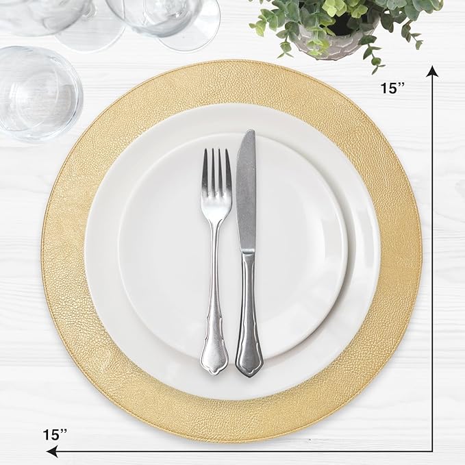 Placemats Set of 6 – Round 15” Faux Leather Table Mats for Dining, Heat Resistant & Non-Slip Washable Table Decor, Indoor, Outdoor, Dining Table Set for 6, Modern Kitchen & Holiday Use, Gold