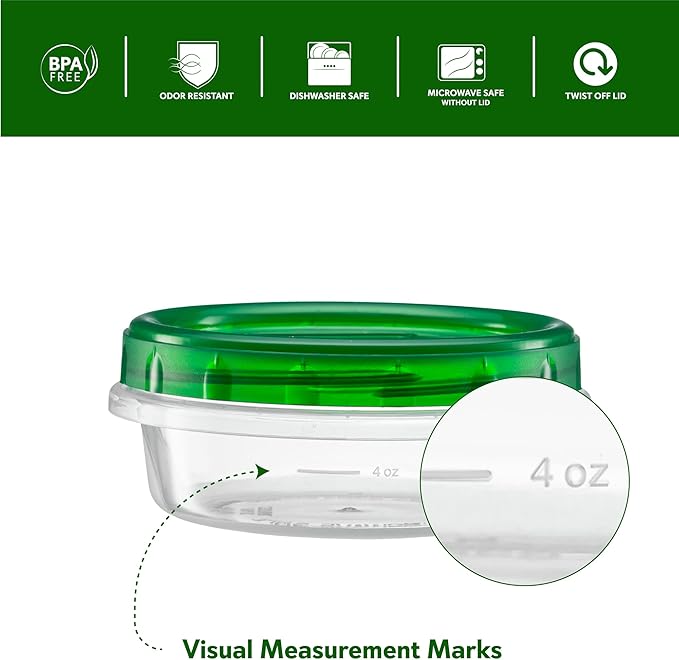 (8 Ounce 10 Pack) Twist cap Containers Clear Bottom With Green Top Screw on Lids Twist Top Food Storage Freezer Containers