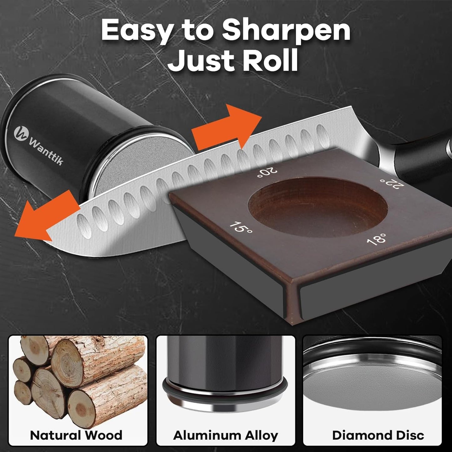 Rolling Knife Sharpener Kit, Upgraded Roller Knife Sharpener with Leather Strop for Kitchen Knives, 4-Disc Rolling Stone Sharpener with 15&18&20&22 Degree Sharpening, Black