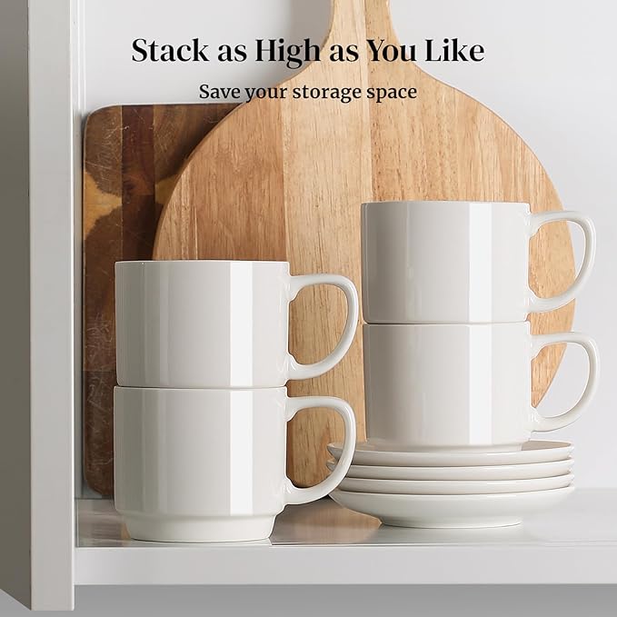 DOWAN 12oz Coffee Mugs, Cappuccino Cup and Saucer Set of 4, White Ceramic Coffee Cups for Latte/Tea/Milk, Tea Cups for Use in Office, Home and Cafes, Microwave Safe