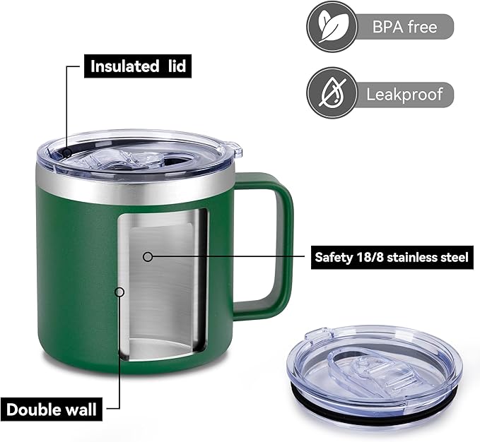 VEGOND 14 oz Insulated Coffee Mug Bulk with Handle, Stainless Steel Travel Coffee Mug with Lid, Double Wall Vacuum Metal Coffee Cup, Coffee Tumbler Powder Coated, Dark Green 4 Pack