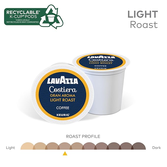 Lavazza Costiera Gran Aroma, Single-Serve Keurig K-Cup Pods, Light Roast Coffee, 88-Count Box (4 Packs of 22)