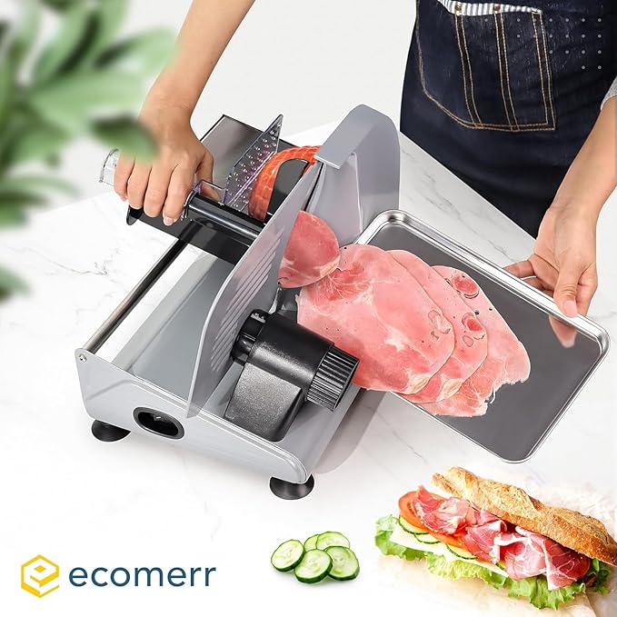 Meat Slicer, 200W Powerful Electric Food Slicer-Deli Meat Slicer Machine for Home Use for, Cheese, Bread, Vegetables-2 Round 7.5" Stainless Steel Blade, Child Lock Protection & Adjustable Thickness