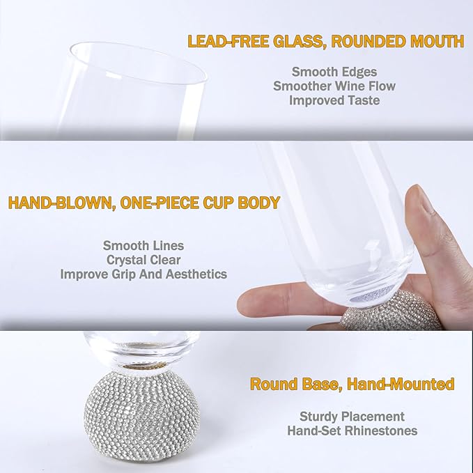 Champagne Flutes set of 4,Stemless Wedding Champagne Glasses,Unbreakable Crystal Fancy Mimosa Glasses,10 Oz Short Handle Champagne Flutes,for Engagement,Bachelorette Party,Birthday(Silver Clear)