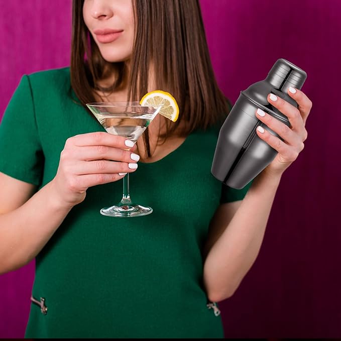 Nitial 6 Pcs Bar Cocktail Shaker Professional Stainless Steel Martini Drink Mixer Built-in Strainer for Bartending No Leaks Shaker for Bar Party Drink Mixer (Black,8 oz)