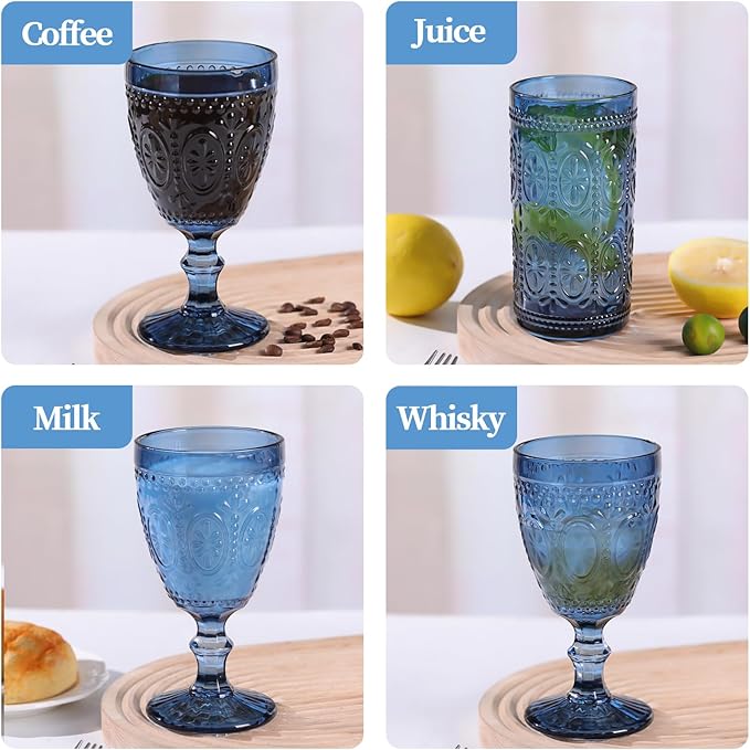 Blue Wine Glasses set of 4, Blue Goblets, Vintage Drinking Glassware, Colored Glassware Set for Party Home Wedding Baby Shower
