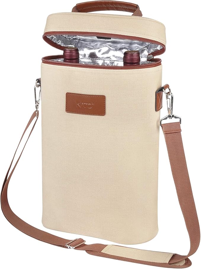 Tirrinia 2 Bottle Wine Gift Tote Carrier - Leakproof & Insulated Padded Versatile Wine Cooler Bag for Travel, BYOB Restaurant, Wine Tasting, Party, Dinner,Gift for Wine Lovers, Beige