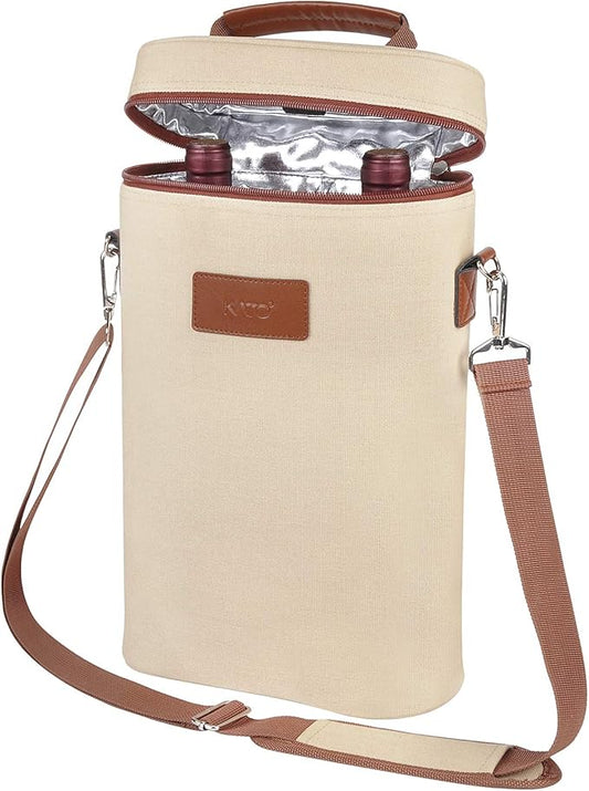 Tirrinia 2 Bottle Wine Gift Tote Carrier - Leakproof & Insulated Padded Versatile Wine Cooler Bag for Travel, BYOB Restaurant, Wine Tasting, Party, Dinner,Gift for Wine Lovers, Beige