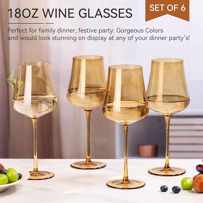 Amber Wine Glasses Set of 6-18oz Hand Blown Colorful Wine Glasses Unique Gift for Birthday,Wedding, housewarming