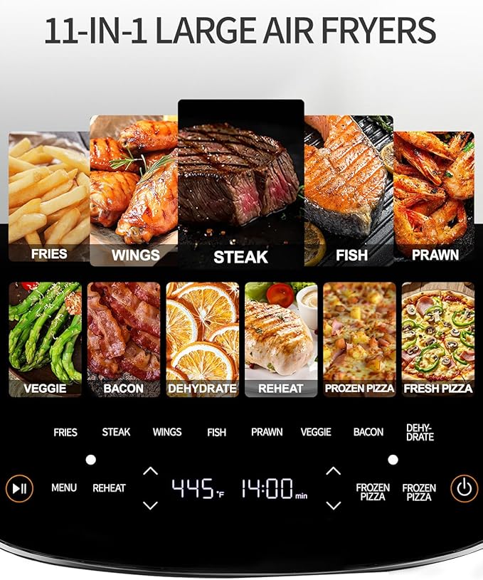 Extra Large Air Fryer,11-IN-1 6 QT 450F Air Fryer with Superior Airflow, Dual Heat Source Technology, Smart Digital Wide Fryer with Basket, Fits a 12" Pizza or 33 Chicken Wings
