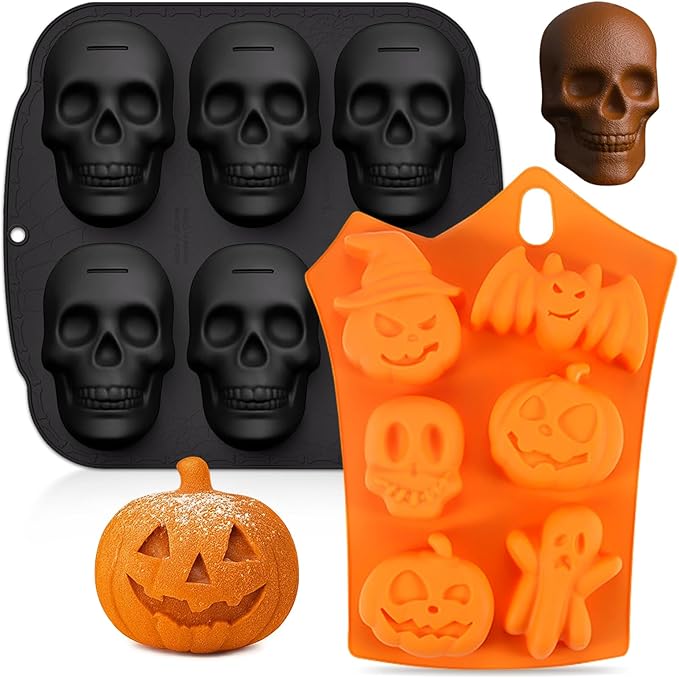 Halloween Skull Cake Pan & Pumpkin Silicone Molds Set – 6 Cavity 3D Skull Baking Pan + 6 Halloween Shape Silicone Molds (Pumpkin, Ghost, Bat) for Cakes, Chocolate, Candy, DIY Party Baking