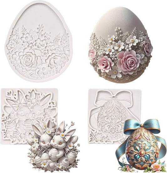 (Three-piece) Floral Easter Egg, Rabbit, Bowknot Fresh Flower Easter Egg, DIY Silicone Mold, Cake Chocolate Mold Wedding Cakeoration Tool Marshmallow Cake Mold