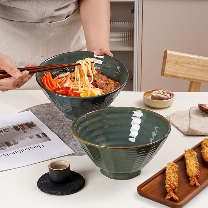 NUTRIUPS Ceramic Ramen Bowl Set of 2 Noodles Bowl with Chopsticks and Spoons, 50oz Large Ramen Bowl- Deep Ocean Green