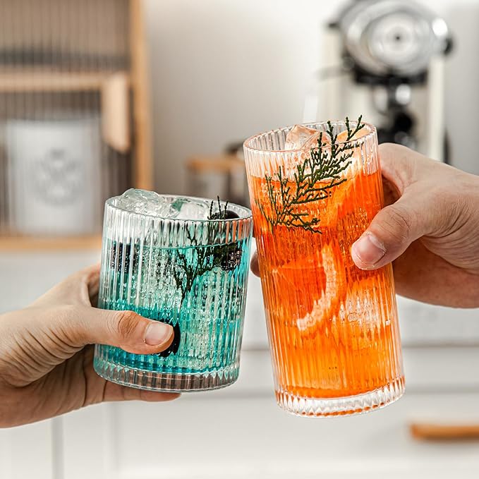 Set of 8 Ribbed Glassware, 4 Large Glasses 13 oz, 4 Rocks Glass Cups 10 oz