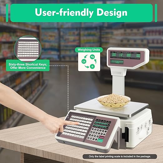 Label Printing Scale with Dual TD Thermal Label & Receipt Printer, 110-220V Electronic Price Computing Scale Pole Display, 66LBS Commercial Barcode Scale for Retail Outlet Store Food Meat Shop