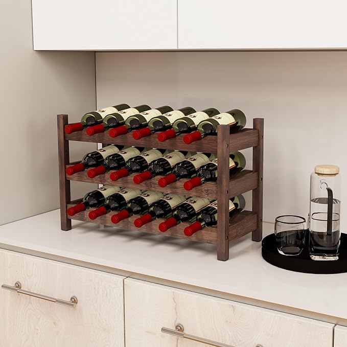 COSTWAY 3-Tier Bamboo Wine Rack, 18-Bottle Tabletop Wine Holder with Wave Slot, Freestanding Countertop Wine Bottle Organizer for Kitchen, Pantry, Pub & Wine Cellar, Brown