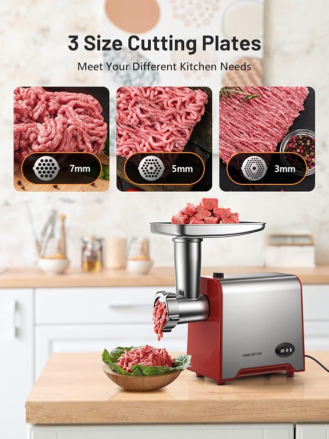 Electric Meat Grinder, Sausage Stuffer Maker 450W Food Grinder with Blade & 3 Plates, Sausage Stuffer Tubes & Kubbe Kit, Stainless Steel Meat Mincer Machine for Home Kitchen Use (Red)