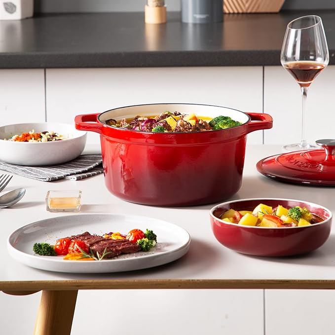 vancasso 6 QT Enameled Cast Iron Dutch Oven with Lid, Dual Handles for Bread Baking, Heavy-duty Round Dutch Oven, Non Stick Coating, All Heat Source, Red