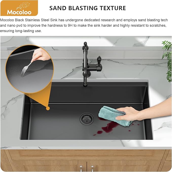 Mocoloo 33 Inch Undermount Kitchen Sink - 33 x 19 Black Stainless Steel Sinks Ledge Workstation 16 Gauge Deep Single Bowl Handmade NANO-PVD Under Counter Gunmetal Black Kitchen Sink