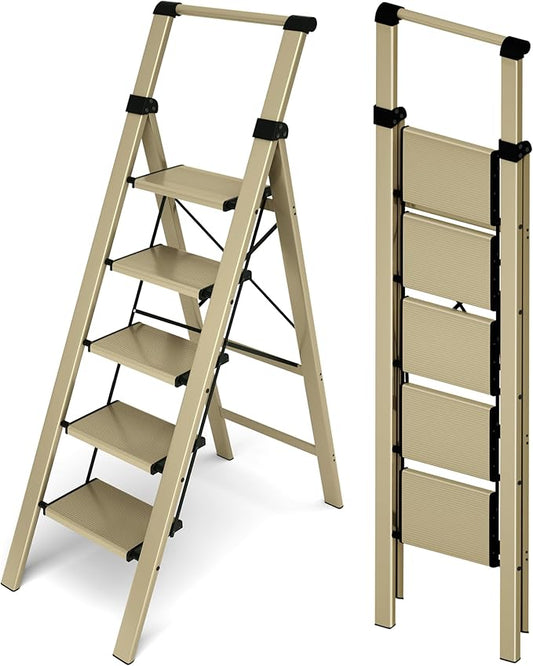 HillhutApex 5 Step Foldable Aluminum Step Ladder with Handgrip, Anti-Slip Pedal, 330 lbs Capacity, Lightweight & Portable for Home, Kitchen, Office, Garage (Gold)