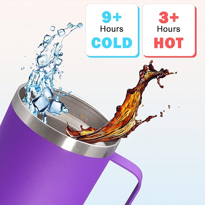 20 oz Tumbler with Handle and Lid, Stainless Steel Tumbler Insulated Travel Coffee Mug, Spill Proof Double Wall Vacuum Tumbler Cup Keep Drink Hot & Cold, Purple, 6 Pack