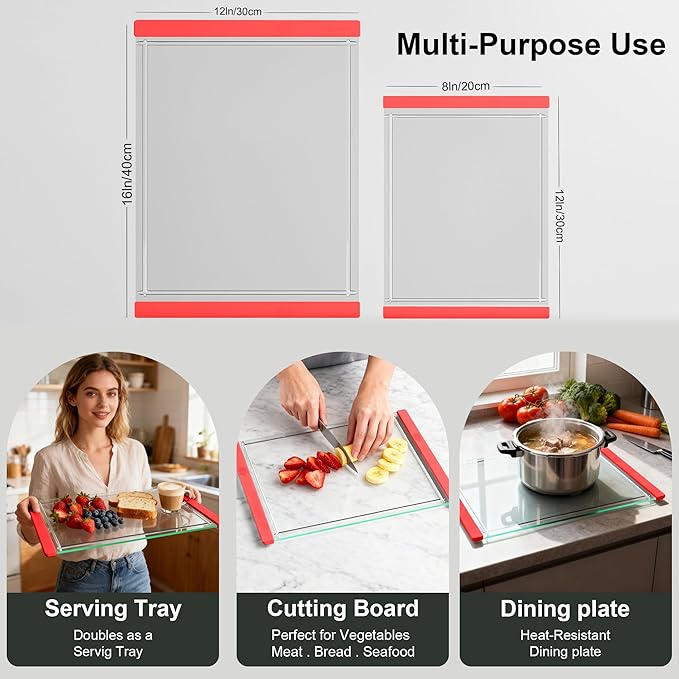 Tempered Glass Cutting Board Set for Kitchen Counter - Dishwasher Safe with Juice Grooves, Non-Slip Silicone Edges & Beveled Grip - 16"x12" & 12"x8" Serving Tray (Red-2PCS)
