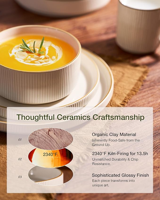 famiware Star Dinnerware Set, Plates and Bowls Sets for 6 (18pcs), Ribbed Stoneware Dishes - Chip & Scratch Resistant, Microwave & Dishwasher Safe Kitchenware, White