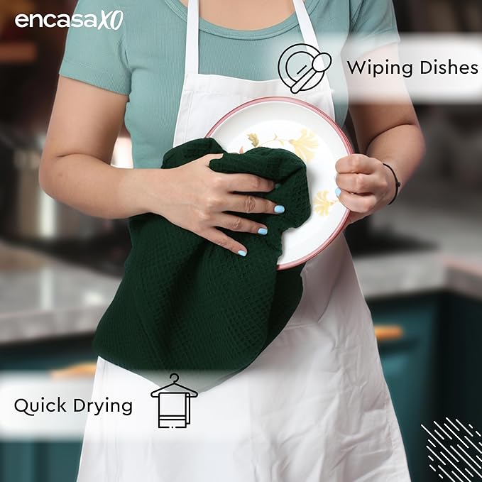 Encasa XO Kitchen Dish Towels Set | Dark Green | Waffle Weave and Flat Hand Tea Towel | 28"x18" | Quick Drying Reusable Cotton Washcloths | Multipurpose Lightweight Dishcloths Set of 4