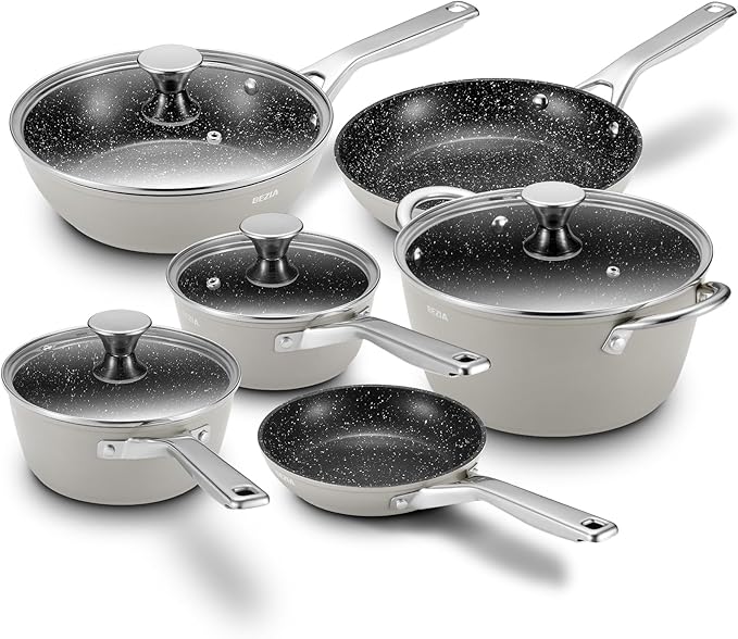 Induction Cookware Nonstick, BEZIA Pots and Pans Set for Induction Cooktop, Compatible with All Stoves, Dishwasher Safe Kitchen Cooking Pan Set with Frying Pans, Saucepans & Stockpot, 10-Piece (Grey)