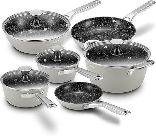Induction Cookware Nonstick, BEZIA Pots and Pans Set for Induction Cooktop, Compatible with All Stoves, Dishwasher Safe Kitchen Cooking Pan Set with Frying Pans, Saucepans & Stockpot, 10-Piece (Grey)