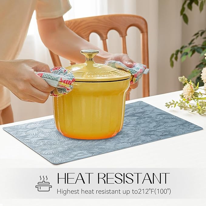 Romanstile Vinyl Placemats Set of 6-12 X 18 Inch - Heat Resistant Non-Slip Embossed Floral Place Mats 100% Waterproof Oilproof Wipeable Faux Leather Table Mats for Kitchen/Dining/Party, SkyBlue