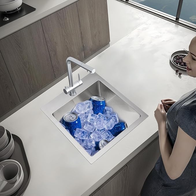 ROVOGO 15x17x8 in. Drop in Bar Prep Sink 304 Stainless Steel, 1-Hole Single Bowl Kitchen Sink with Basket Strainer, Small Secondary Entertainment Wet-Bar Sinks, Brushed