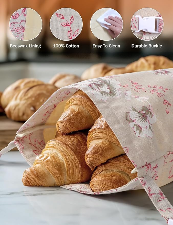 Reusable Beeswax Bread Bags(2 Pack), Beeswax Bags for Sourdough/Homemade Bread, Natural Cotton Bees Wax Bag, Fresh and Refrigerable, New Upgrade Food Storage Bag, Large Capacity and Portable