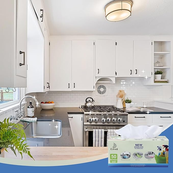 LIVOS 50 Pack Microfiber Cleaning Cloth in Box, Reusable Cleaning Rags, 11.5"x11.5", Edgeless Microfiber Wipes, Lint Free, Absorbent Shop Towels for Kitchen, Car, Glass (White)