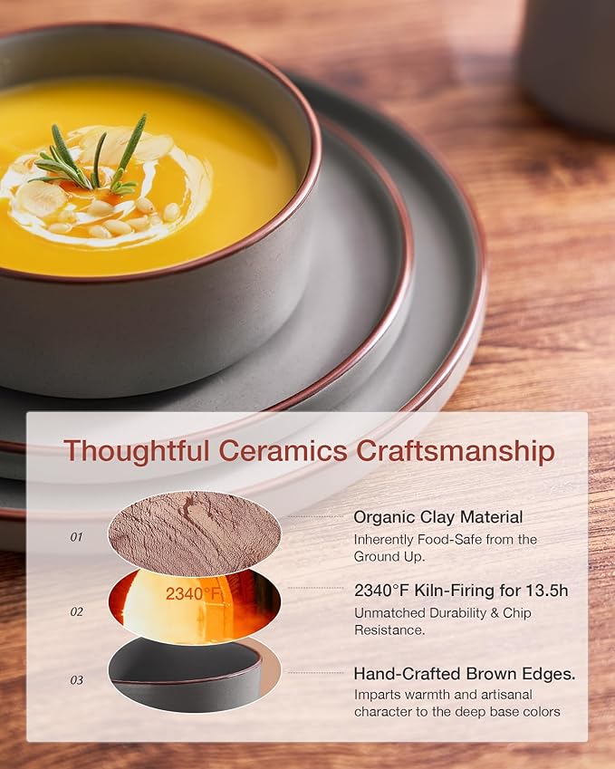 Famiware Nebula Ridge Stoneware Dinnerware Sets for 6, Plates and Bowls Sets, 18 Pieces Dishes Set, Microwave and Dishwasher Safe Kitchen Plates, Dark Gray