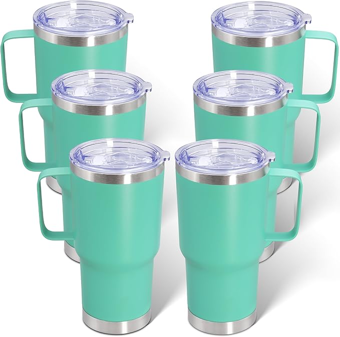 20 oz Tumbler with Handle and Lid, Stainless Steel Tumbler Insulated Travel Coffee Mug, Spill Proof Double Wall Vacuum Tumbler Cup Keep Drink Hot & Cold, Light Blue, 6 Pack