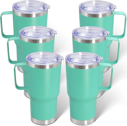 20 oz Tumbler with Handle and Lid, Stainless Steel Tumbler Insulated Travel Coffee Mug, Spill Proof Double Wall Vacuum Tumbler Cup Keep Drink Hot & Cold, Light Blue, 6 Pack