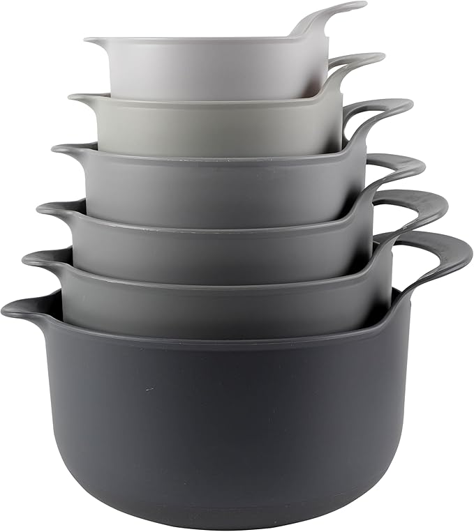 COOK WITH COLOR Nesting Plastic Mixing Bowl Set with Pour Spouts and Handles, Gray, 6 Piece Non-Slip