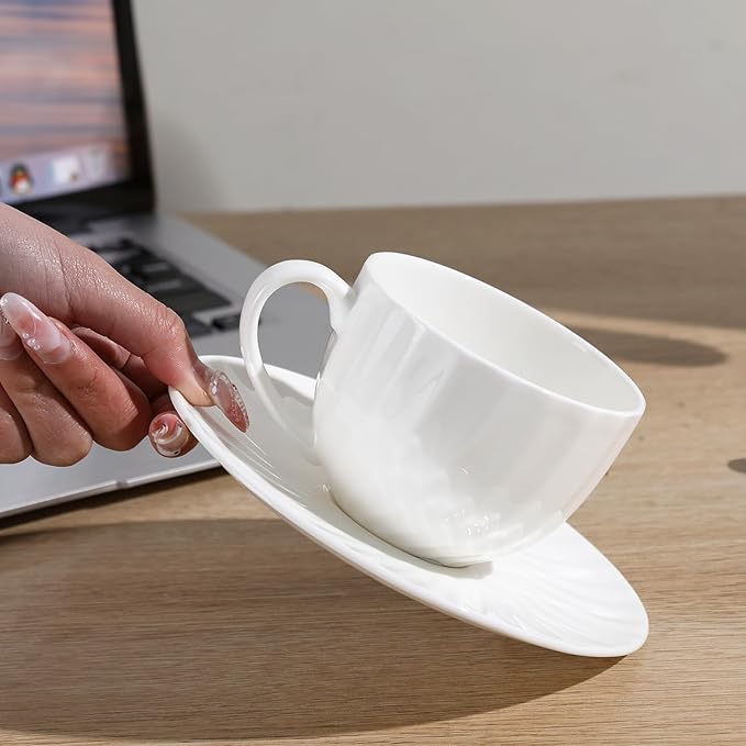 Fine Bone China Cappuccino Mugs Set of 4, 7 Oz Spiral Pattern Lightweight Ceramic, Art Coffee Cups with Saucers, for Latte, Mocha, Tea, Espresso, Macchiato, Americano